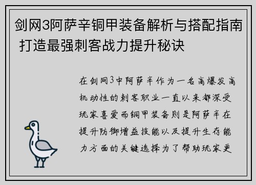 剑网3阿萨辛铜甲装备解析与搭配指南 打造最强刺客战力提升秘诀